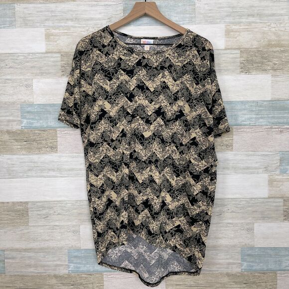 LuLaRoe Irma High Low Tunic Top Black Yellow Floral Chevron Oversized Womens XXS - Picture 1 of 5